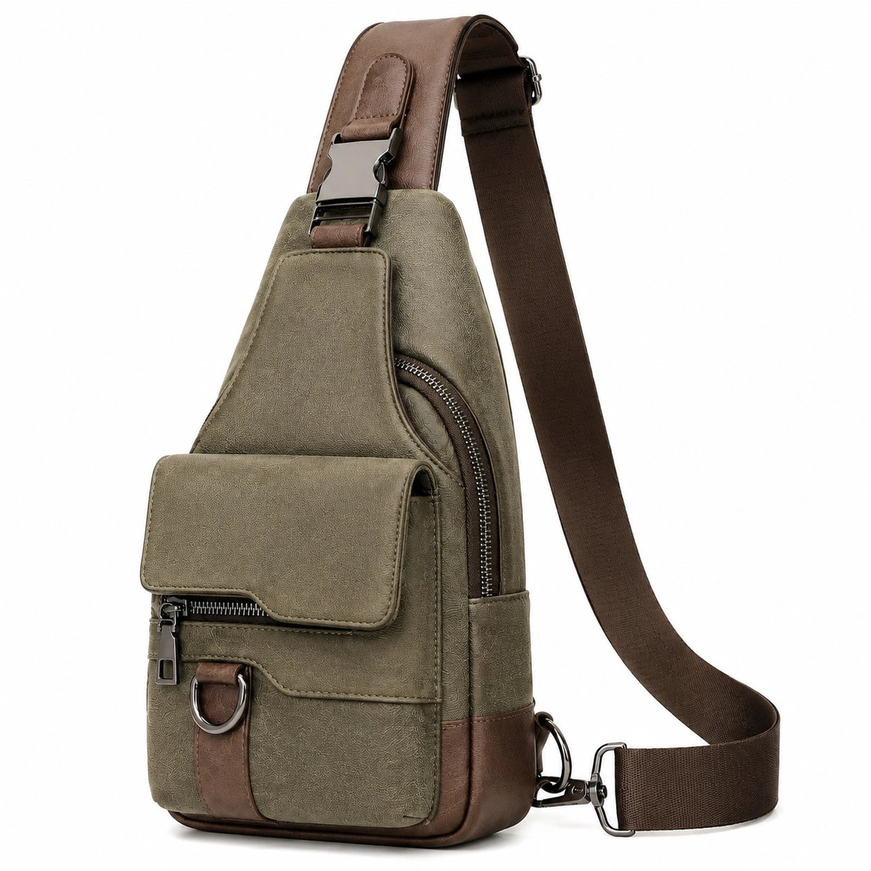 Borsa a tracolla monospalla 18 x 8 x 32 cm in pelle sintetica verde e marrone con tasche e cerniere