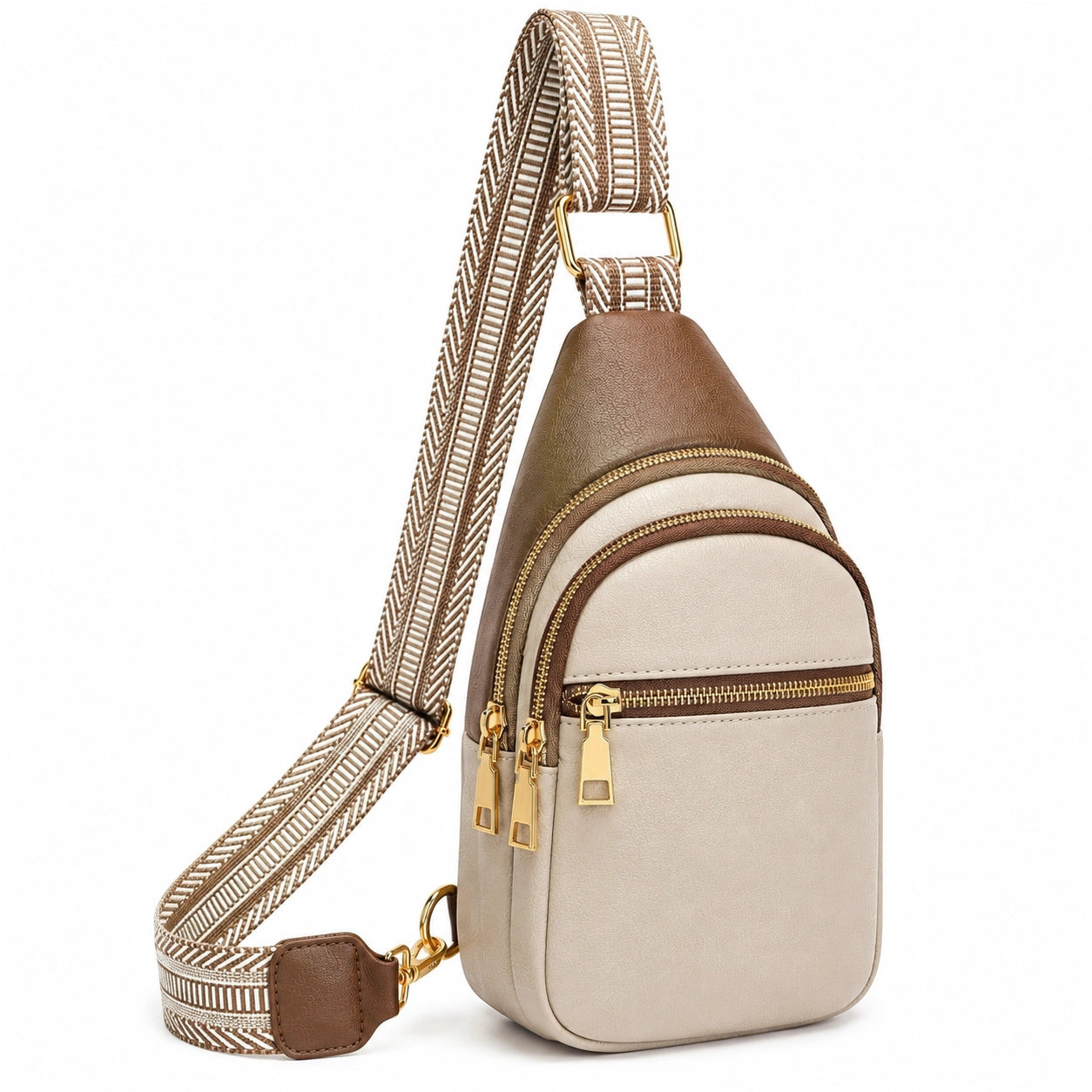 Borsa a tracolla 17 x 8 x 30 cm in similpelle beige e marrone con tasche zip