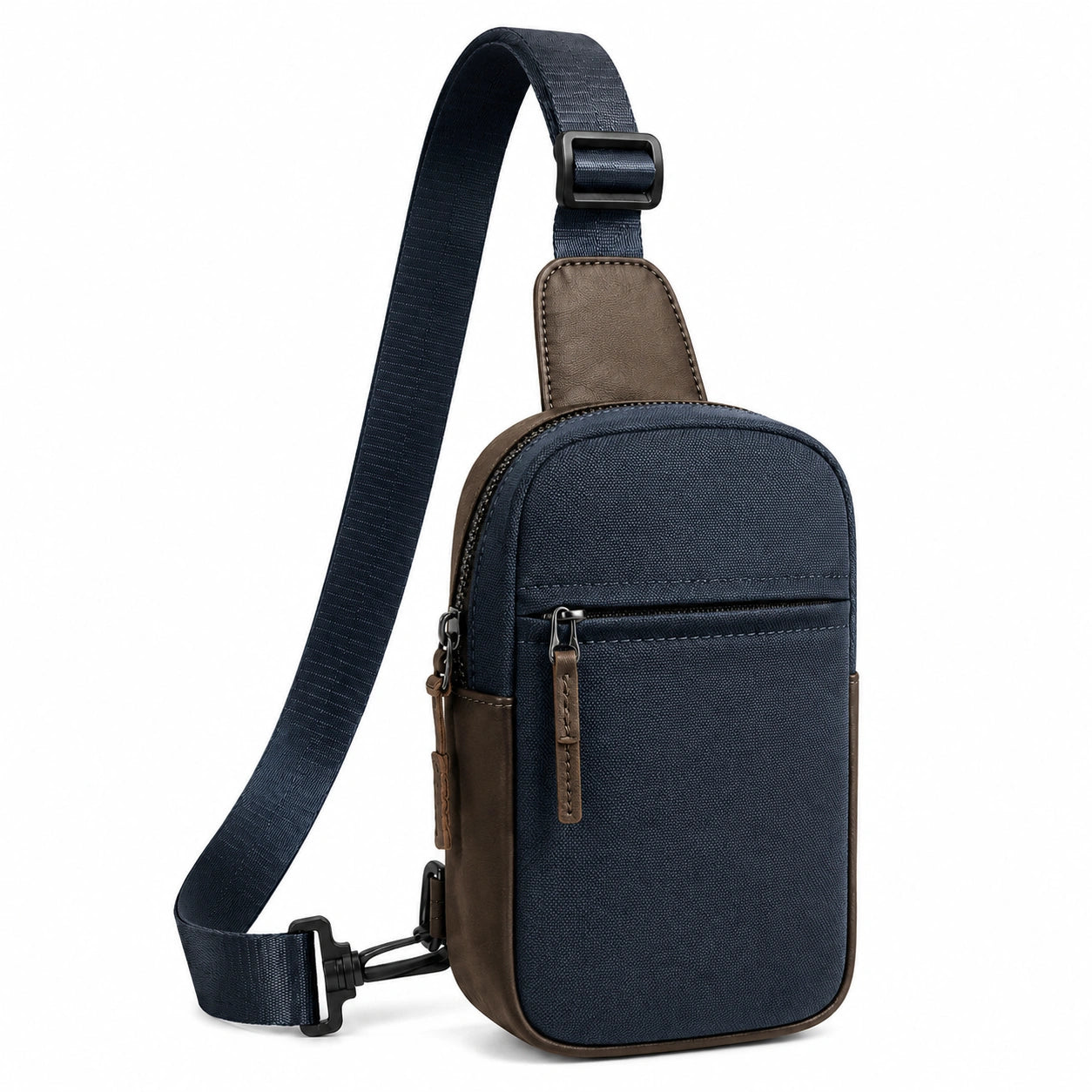 Borsa monospalla 18 x 8 x 31 cm in tessuto sintetico blu navy e similpelle marrone con tracolla regolabile