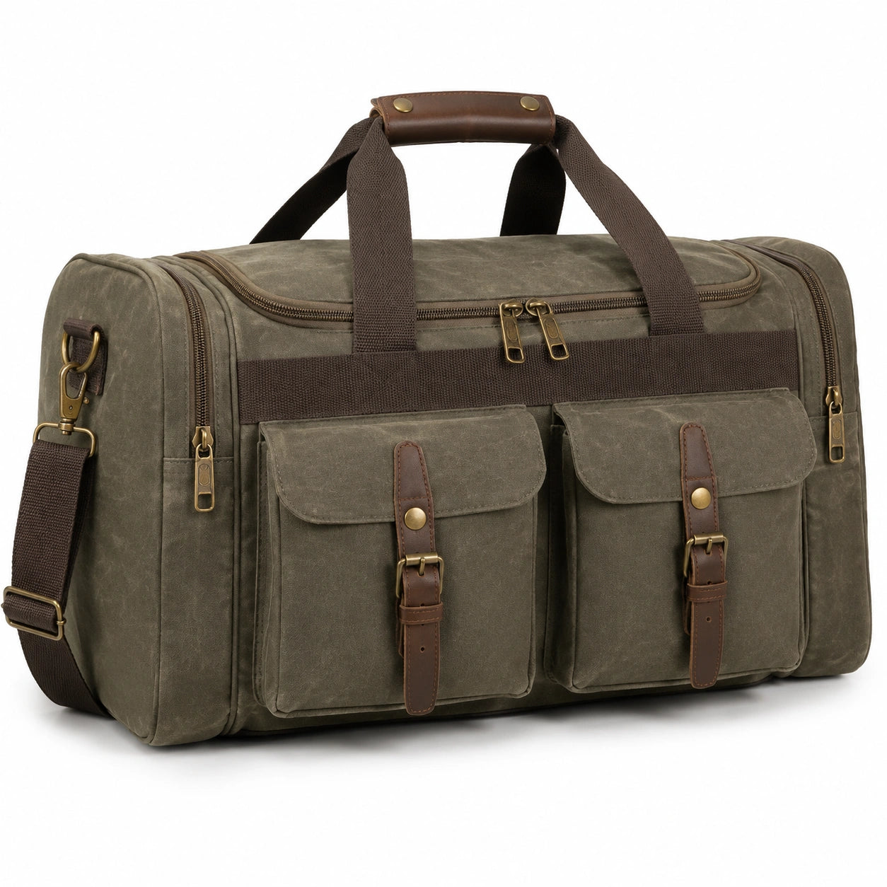 Borsone da viaggio 50 x 25 x 30 cm in tela cerata verde oliva con dettagli in similpelle e tasche esterne