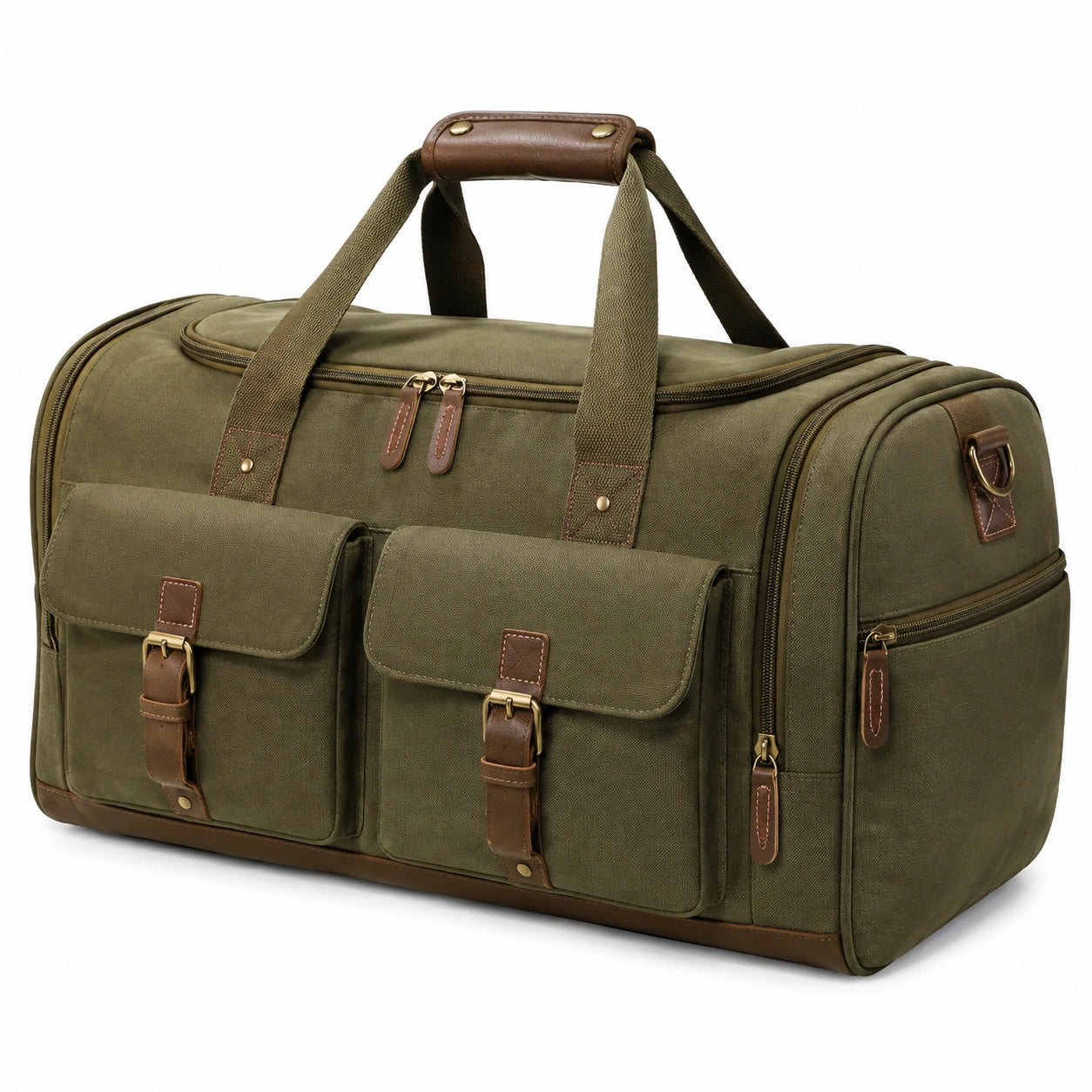 Borsone da viaggio 55 x 28 x 30 cm in tessuto verde oliva con dettagli marroni e tasche multiple