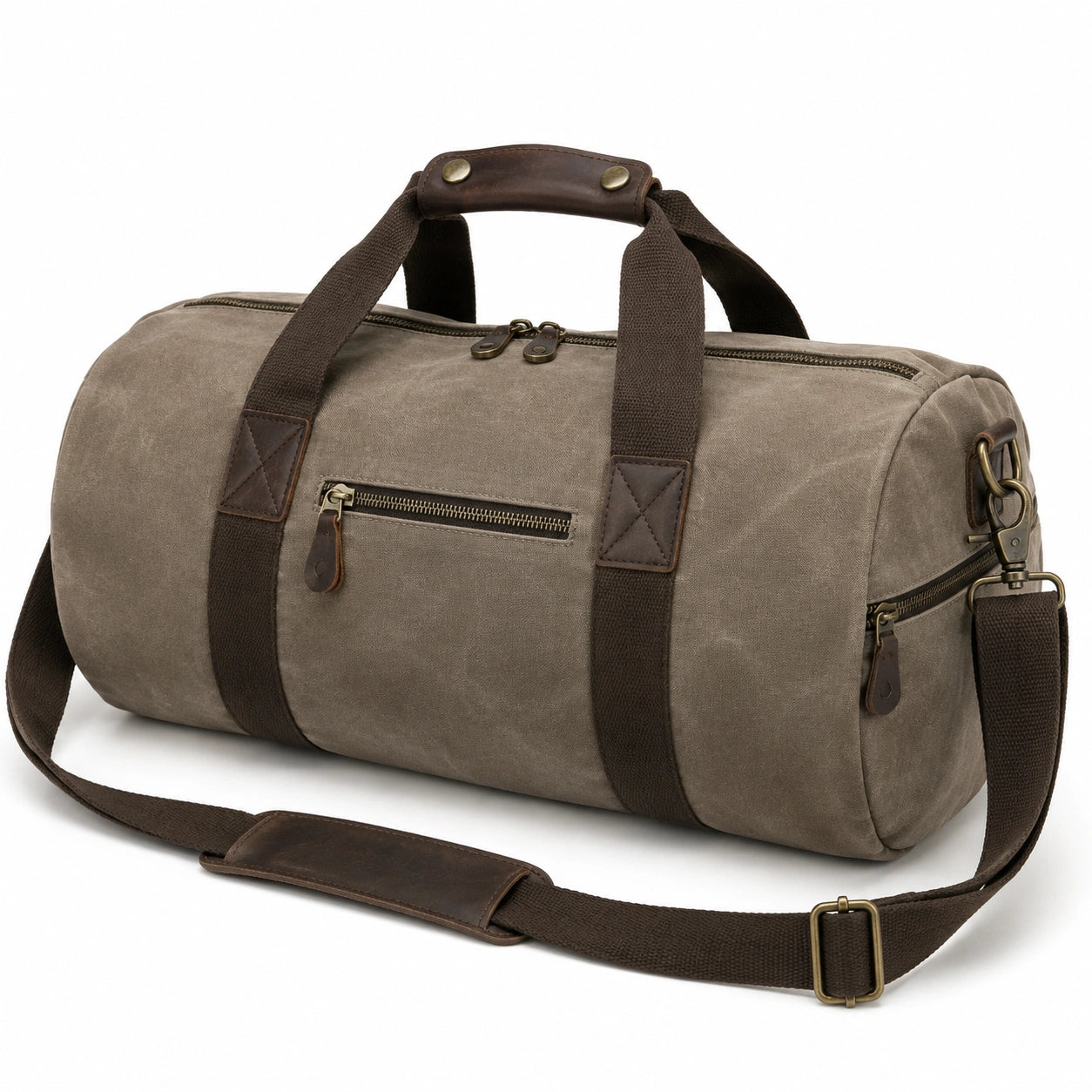 Borsone cilindrico 50 x 25 cm in tela grigio tortora e dettagli marroni - borsa da viaggio con tracolla regolabile