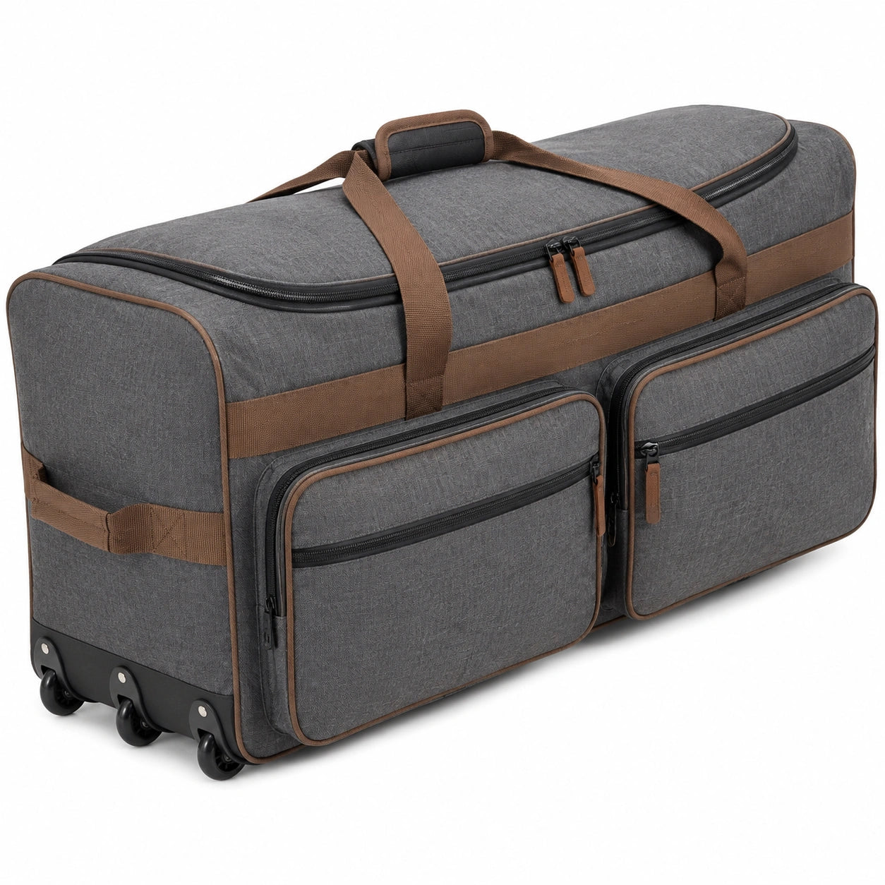 Borsone trolley 70 x 35 x 35 cm in tessuto sintetico grigio e marrone con ruote e tasche esterne