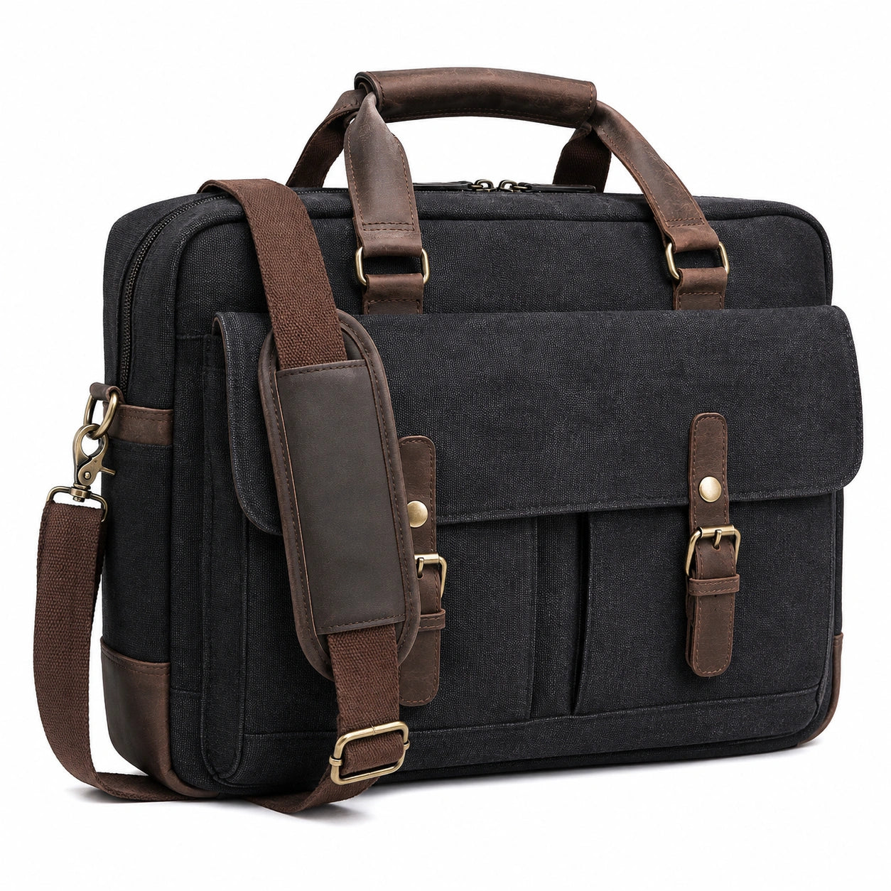 Borsa portadocumenti 42 x 12 x 32 cm in tela nera e similpelle marrone con tracolla per laptop