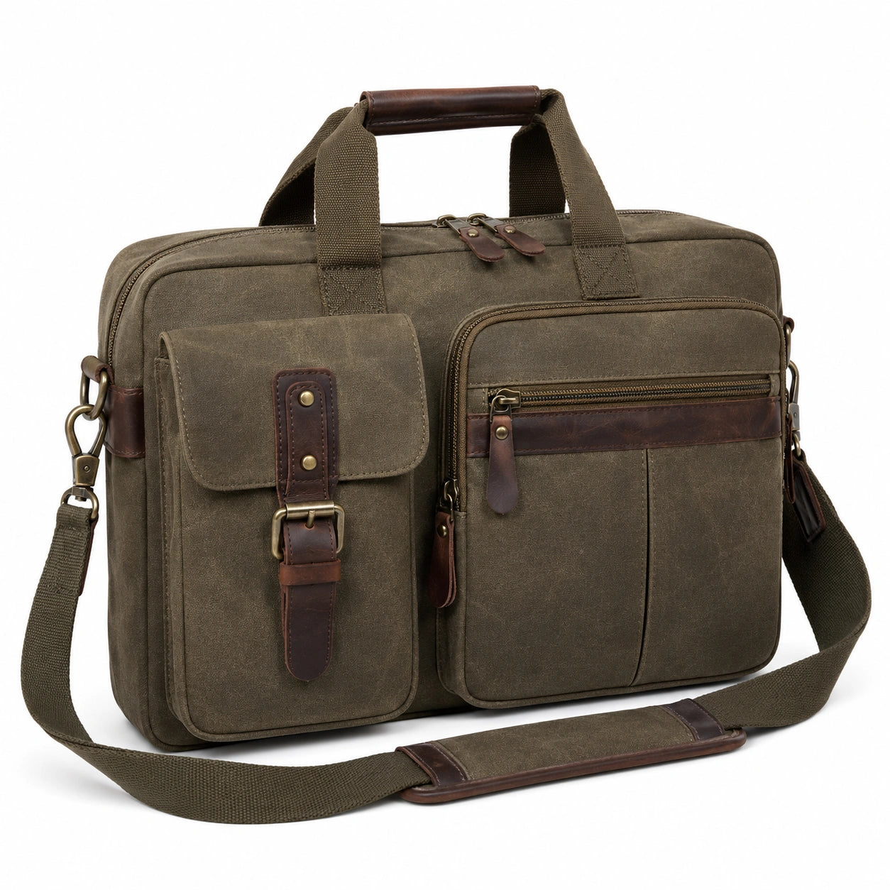 Borsa portadocumenti 42 x 12 x 32 cm in tela cerata verde oliva con finiture in pelle per lavoro stile vintage