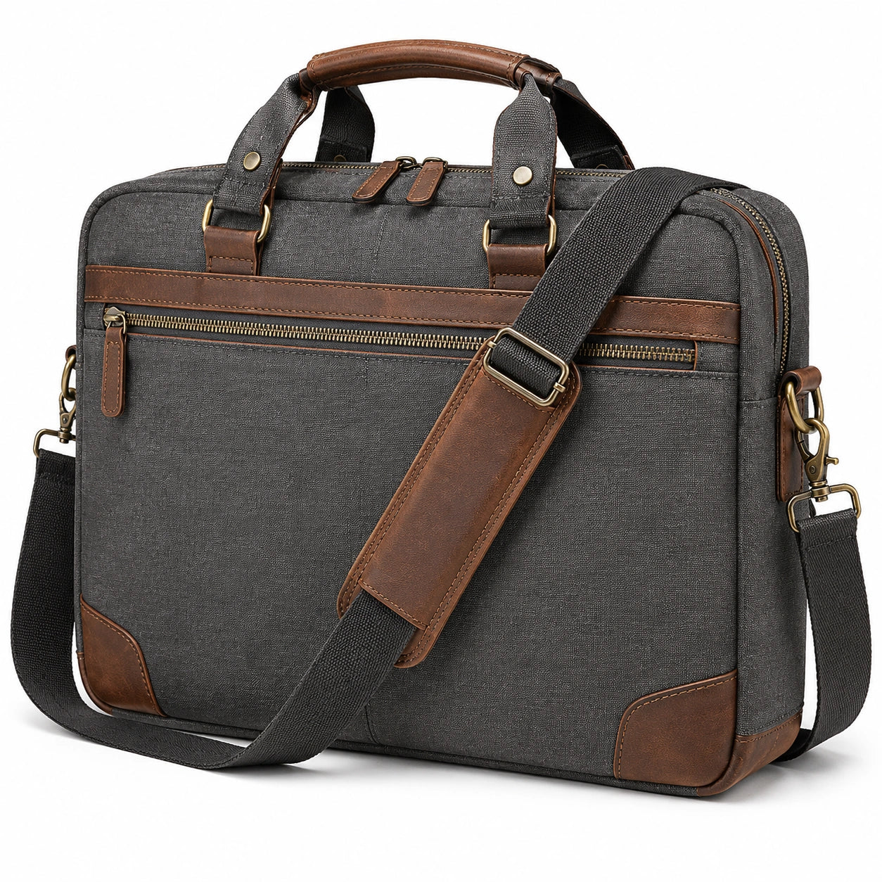 Borsa portadocumenti 40 x 10 x 30 cm in tessuto grigio e similpelle marrone con tracolla regolabile