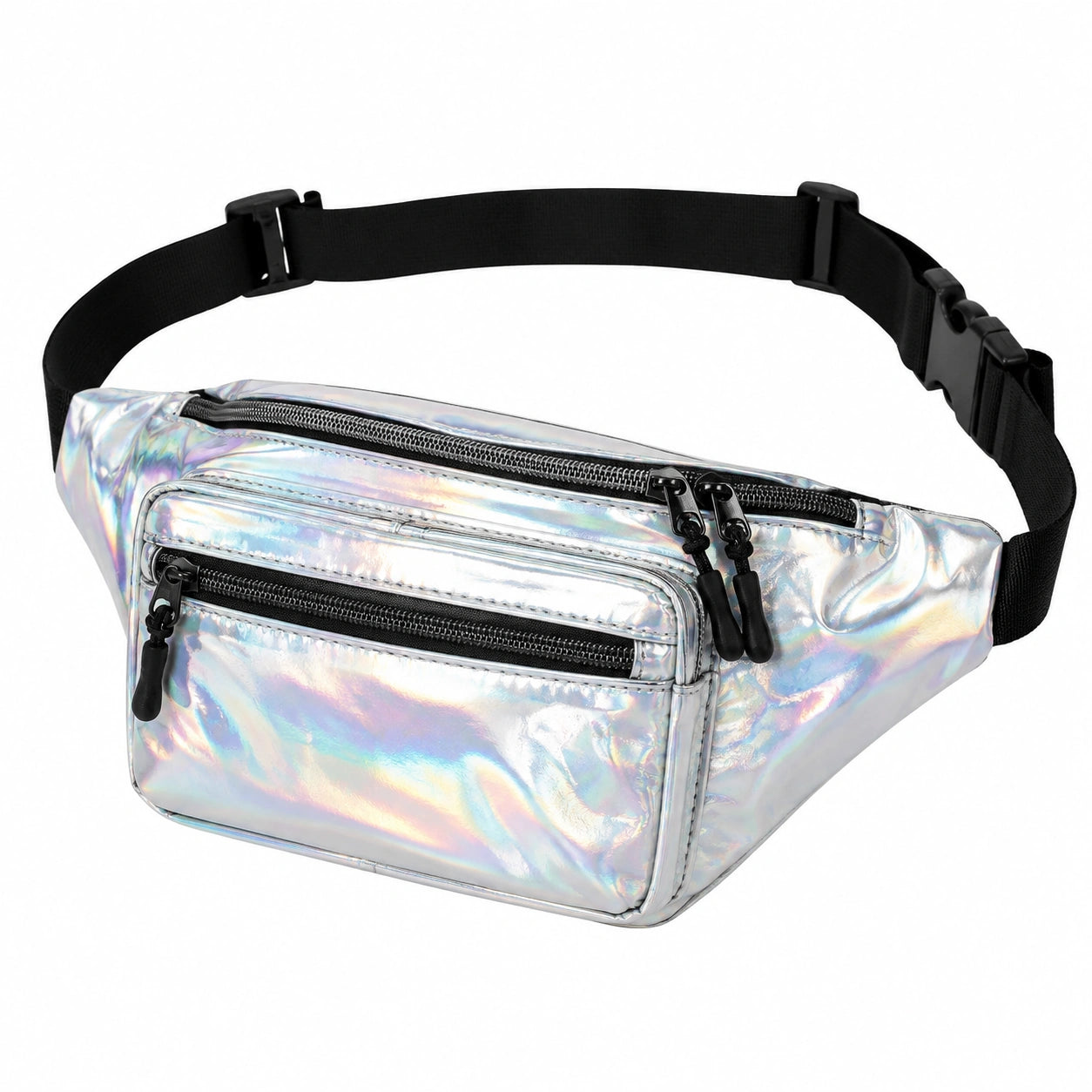 Marsupio 32 x 14 x 8 cm in materiale sintetico argento iridescente con tasche zip e cintura regolabile