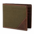 Portafoglio bifold 12 x 9.5 x 1.5 cm in pelle e tessuto verde/marrone con scomparti per carte