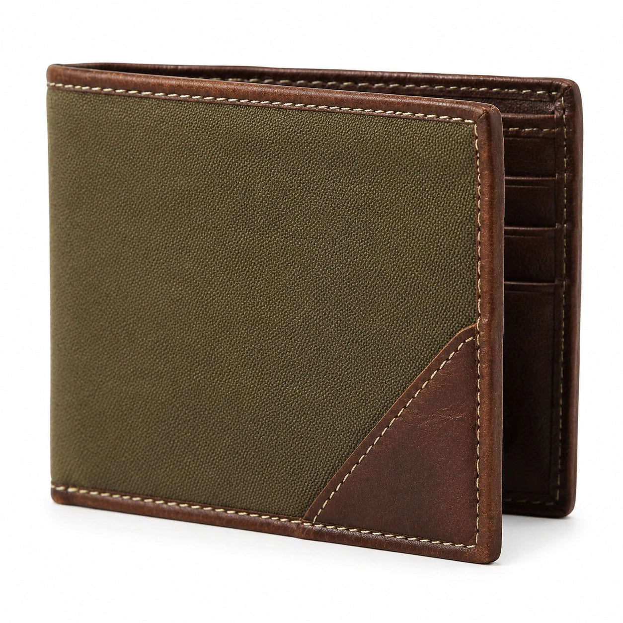 Portafoglio bifold 12 x 9.5 x 1.5 cm in pelle e tessuto verde/marrone con scomparti per carte