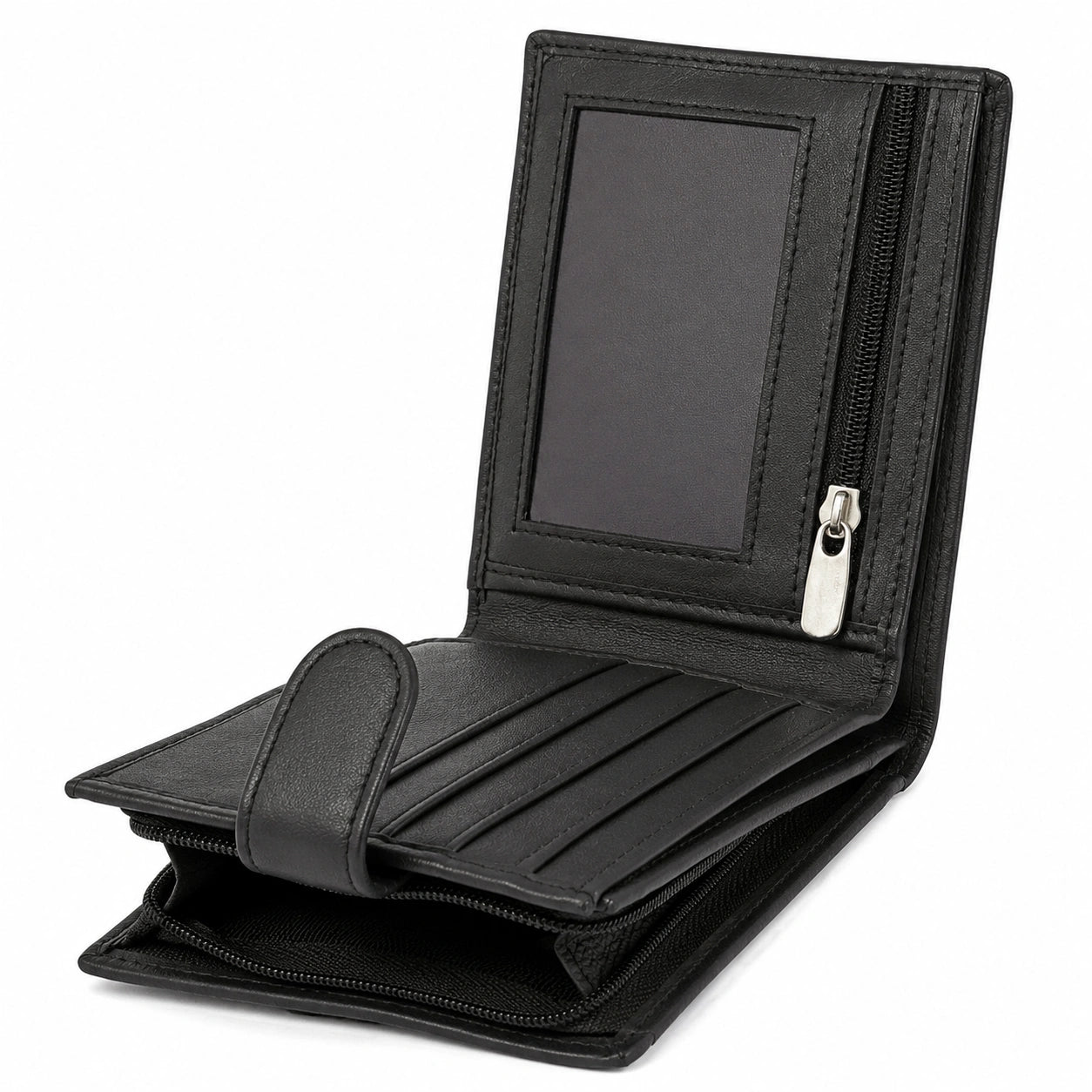 Portafoglio 12 x 10 x 3 cm in materiale sintetico nero con chiusura a bottone e scomparti con zip