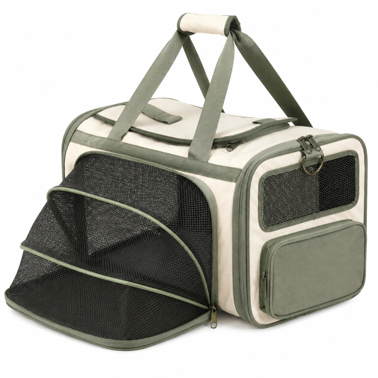 Trasportino per animali 45 x 28 x 30 cm in tessuto beige e verde con rete pieghevole