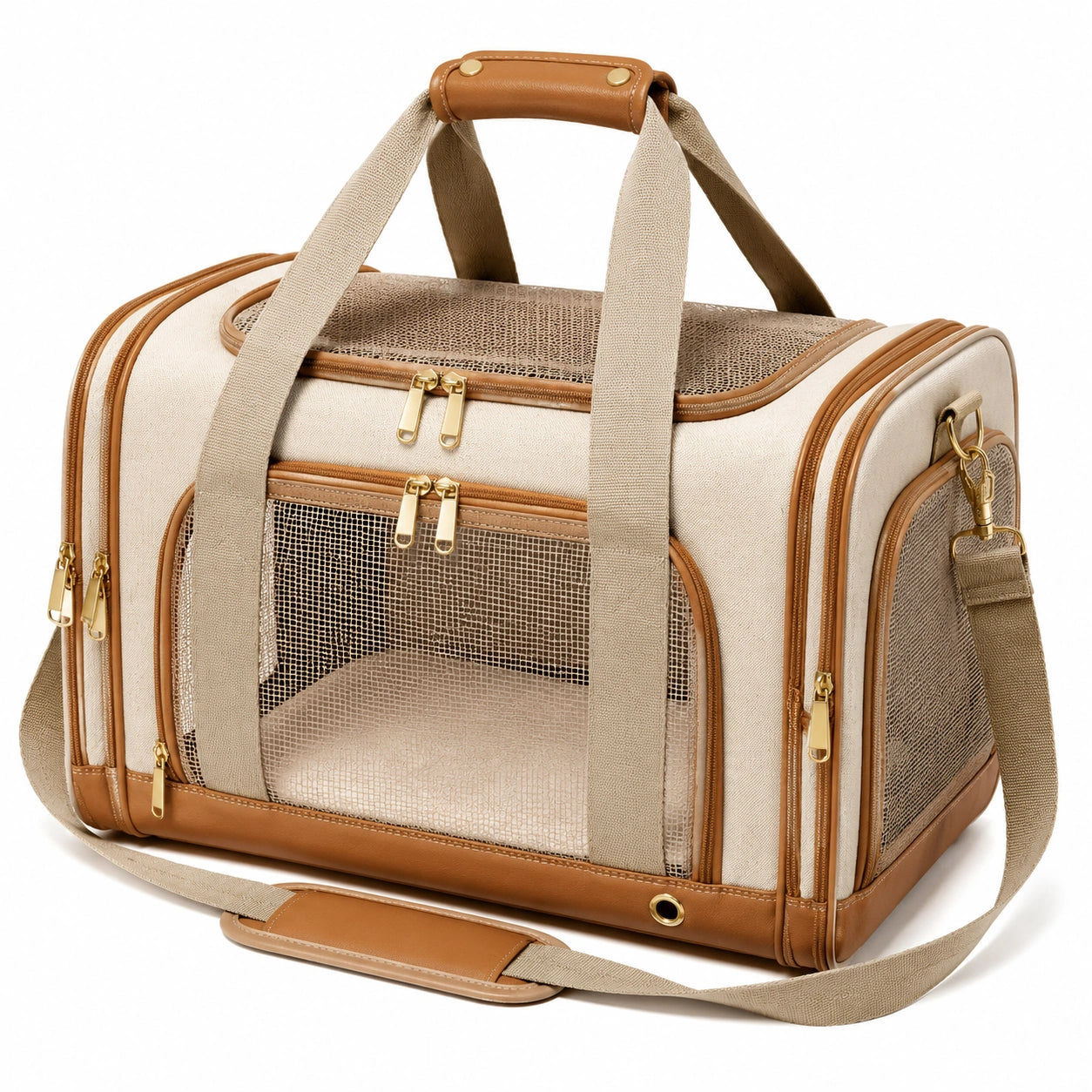 Trasportino per animali 45 x 28 x 30 cm in tessuto beige e marrone con rete traspirante - borsa da viaggio