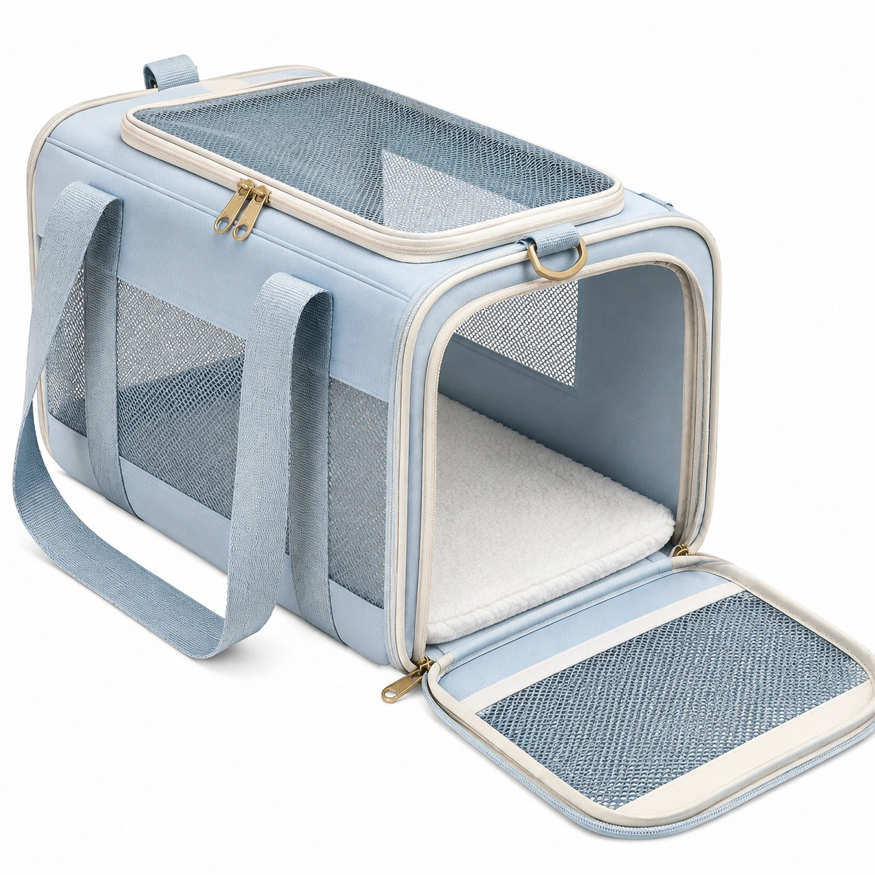 Trasportino per animali 45 x 28 x 28 cm in tessuto azzurro con rete - ventilato