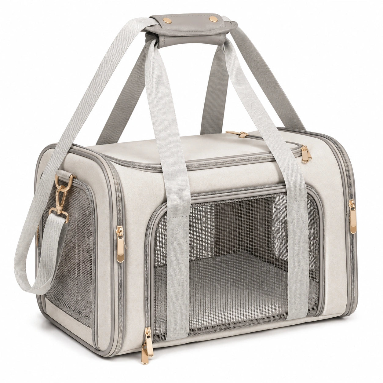 Trasportino per animali 45 x 28 x 30 cm in tessuto grigio con rete ventilata e tracolla removibile
