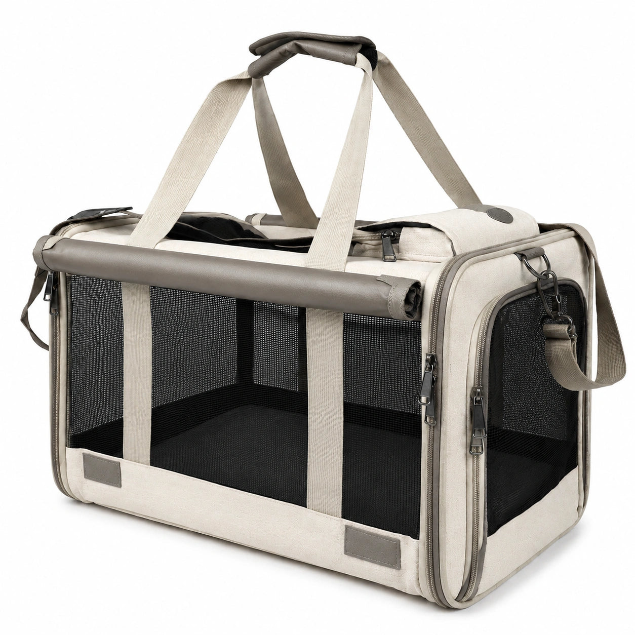 Borsa trasportino per animali 50 x 30 x 32 cm in tessuto beige e grigio con rete pieghevole