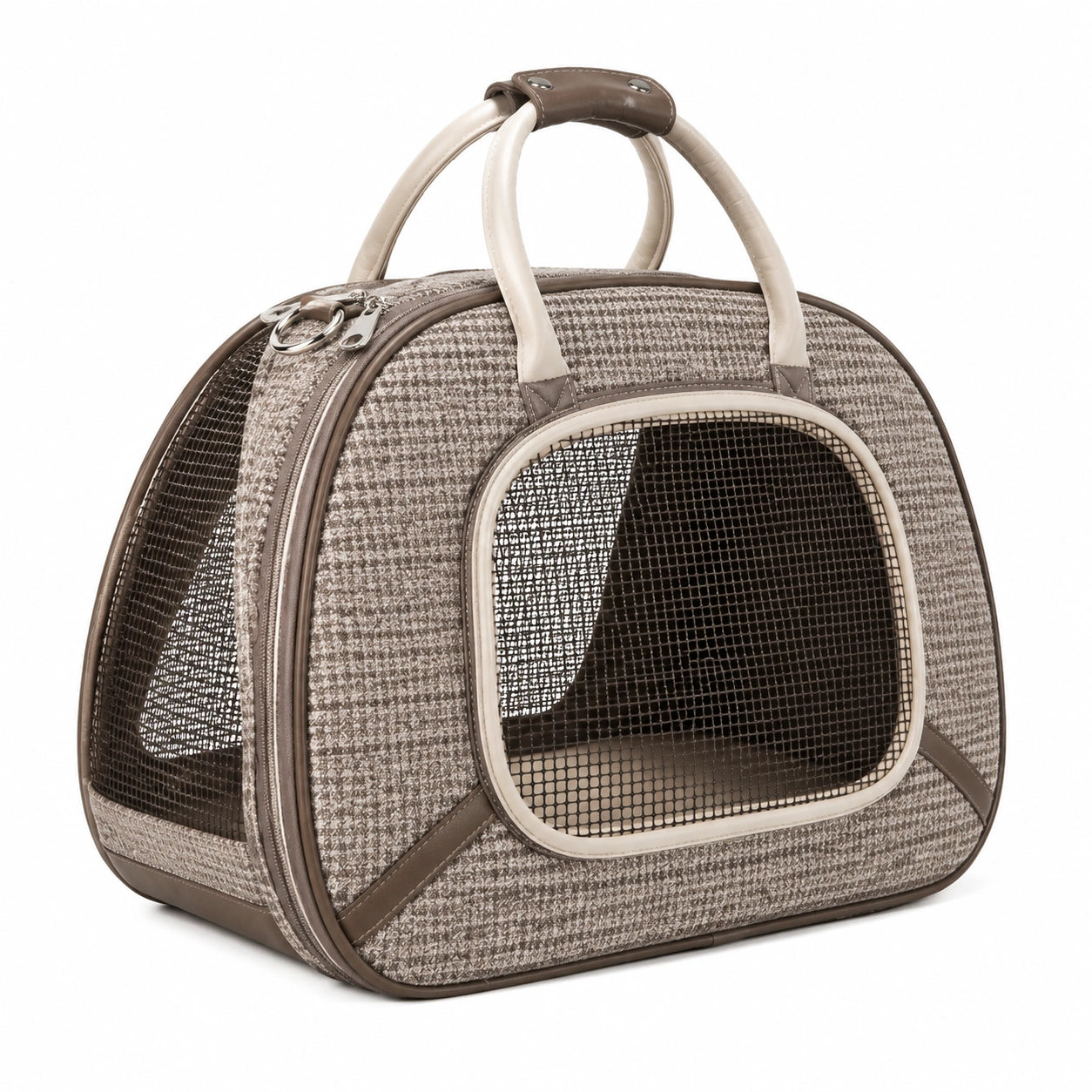Trasportino per animali 45 x 28 x 32 cm in tessuto beige e marrone con rete ventilata stile borsone