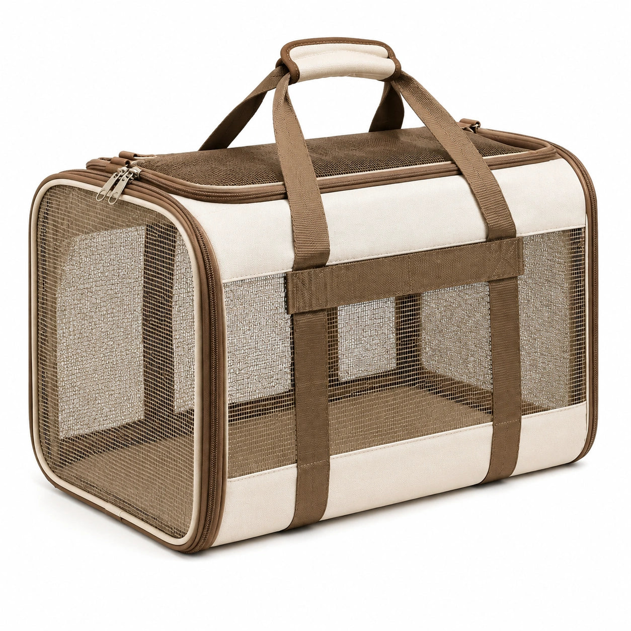 Trasportino per animali 45 x 28 x 30 cm in tessuto e rete beige/marrone con chiusura a zip