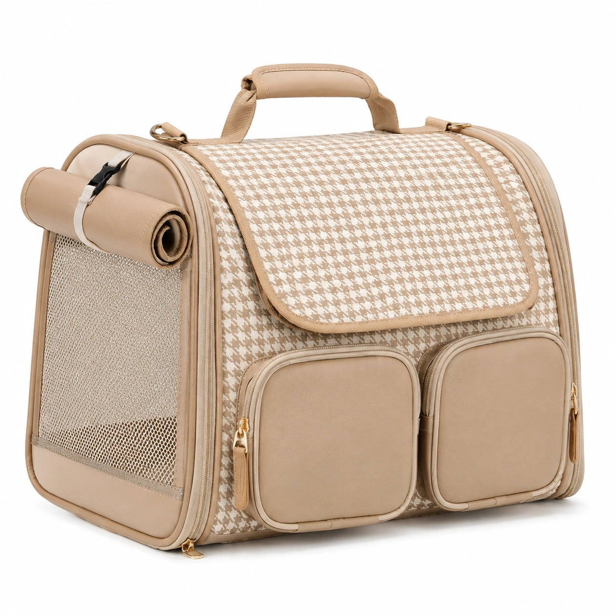 Borsa trasportino per animali 42 x 28 x 32 cm in tessuto beige con rete e tasche - pieghevole