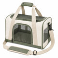 Borsa trasportino per animali 45 x 30 x 30 cm in tessuto beige e verde con rete e tracolla regolabile