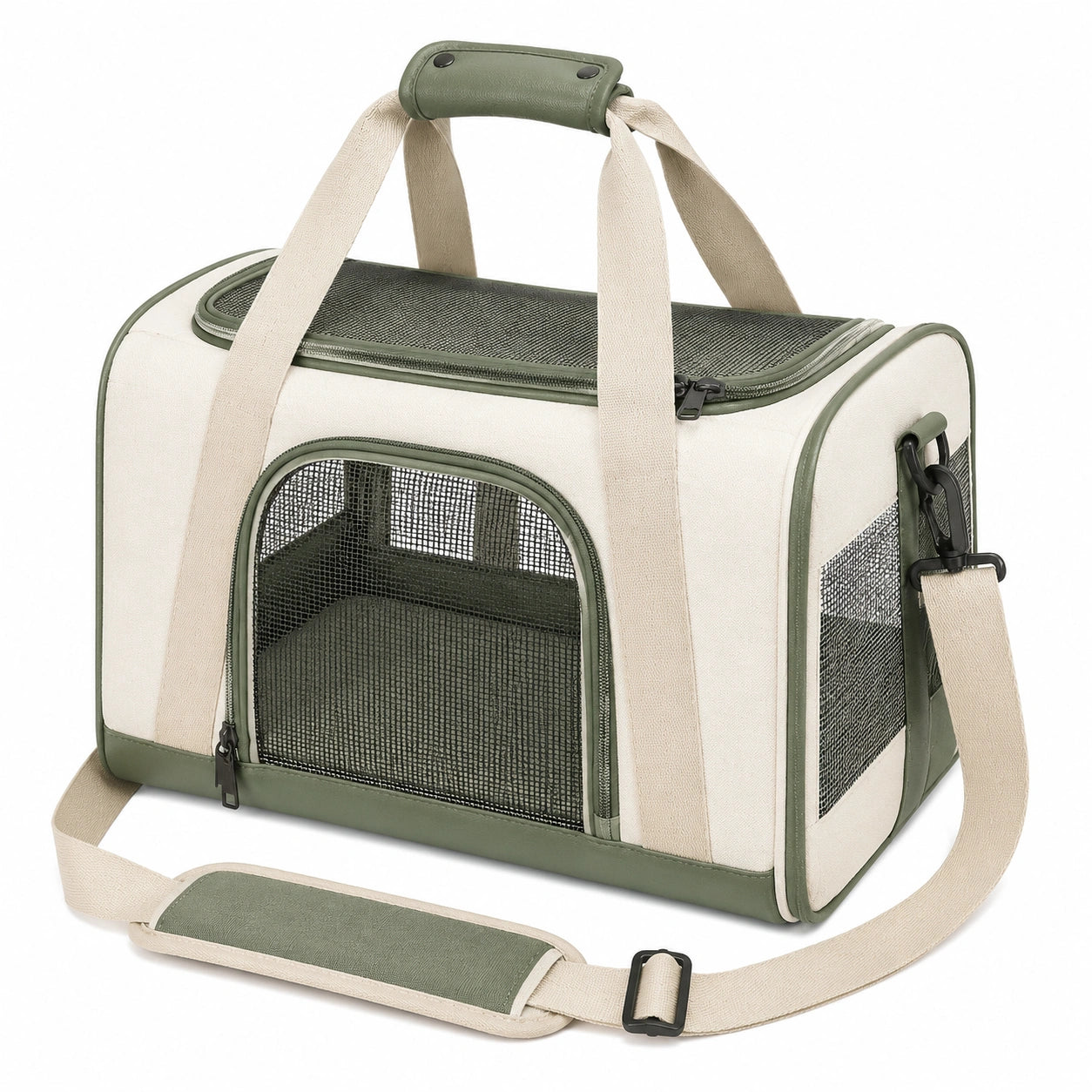 Borsa trasportino per animali 45 x 30 x 30 cm in tessuto beige e verde con rete e tracolla regolabile
