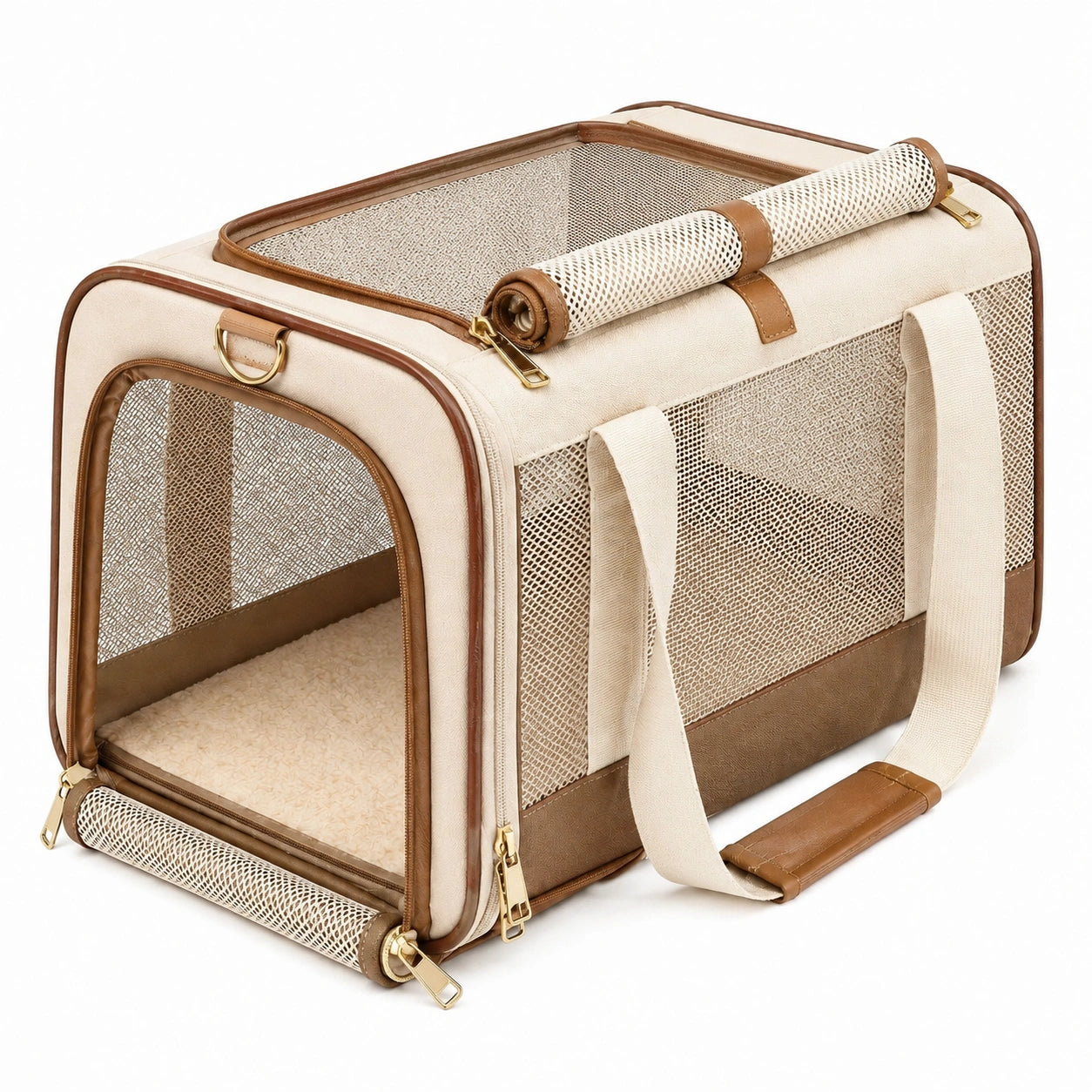 Trasportino pieghevole per animali 45 x 28 x 30 cm in tessuto beige e marrone con rete traspirante