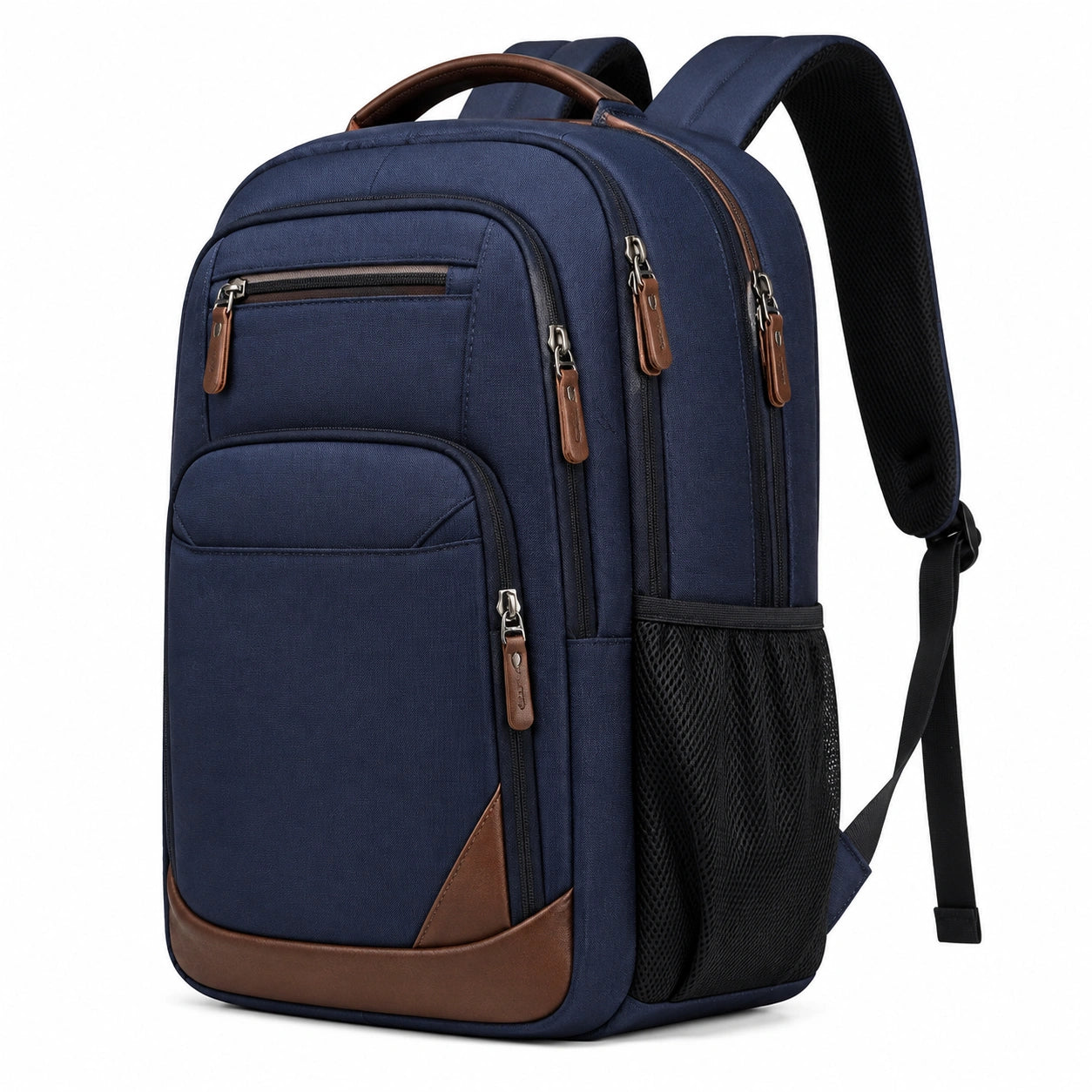 Zaino porta computer 45 x 32 x 18 cm in tessuto blu navy e marrone con scomparti multipli