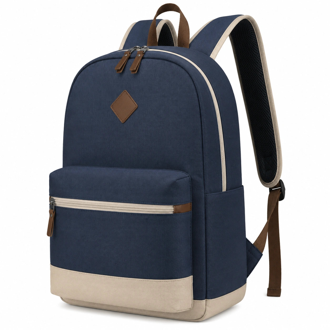 Zaino 30 x 15 x 42 cm in tessuto blu navy beige e marrone con tasca frontale e spallacci imbottiti
