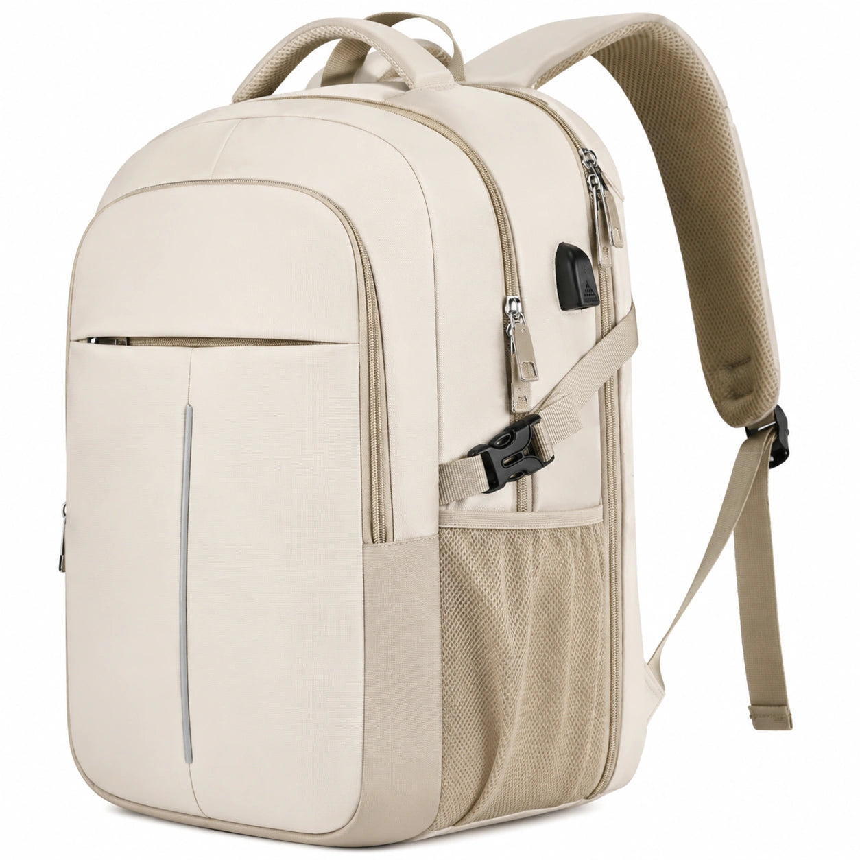 Zaino porta laptop 32 x 18 x 48 cm in poliestere beige con tasche multiple e spallacci imbottiti