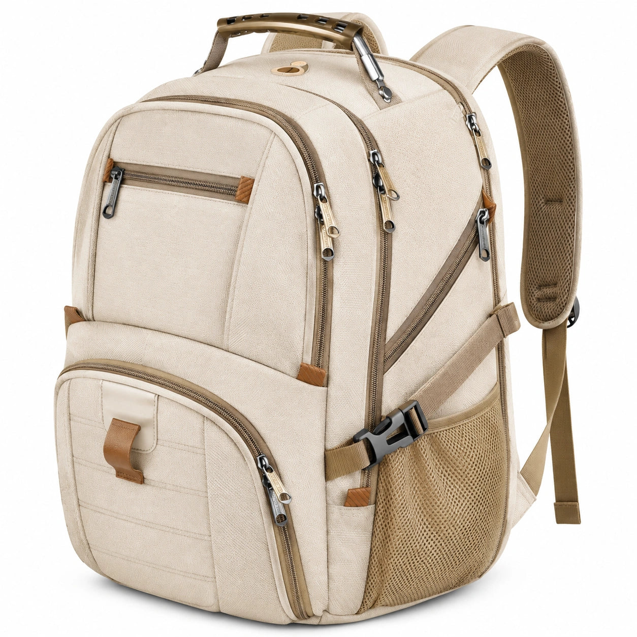Zaino da viaggio 32 x 20 x 48 cm in tessuto beige con scomparti multipli e spallacci imbottiti