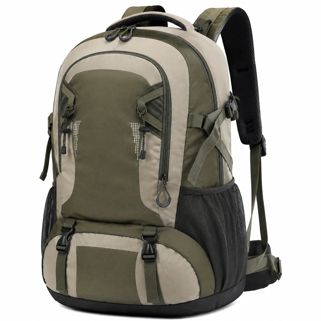 Zaino da trekking 45 L verde oliva e beige in poliestere con tasche multiple